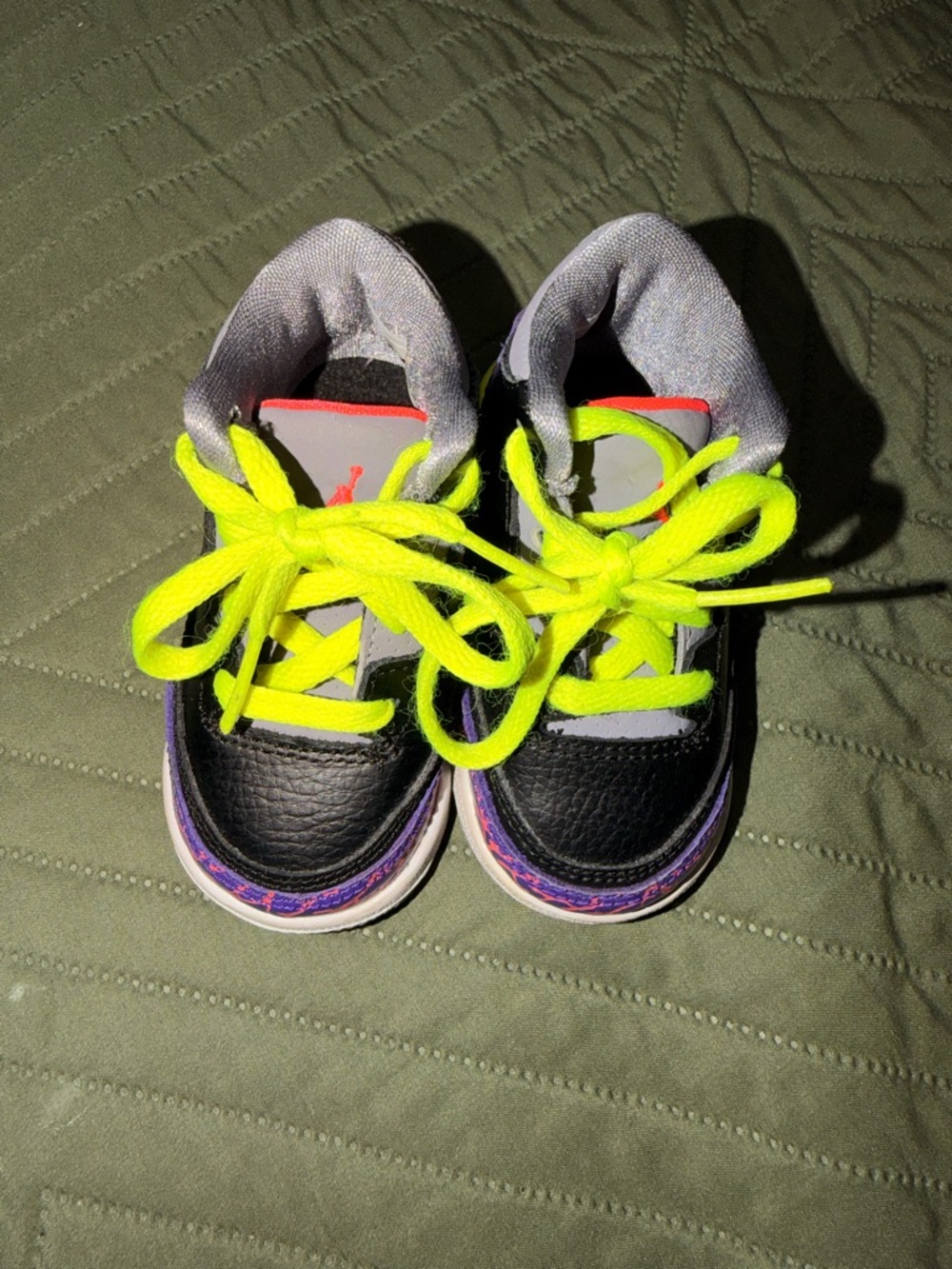 Jordan Kids Black Sneakers with Neon Green Laces and Purple Accents